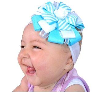 Baby Headband, Girl's Hairband Cyan Blue & White with White Rose